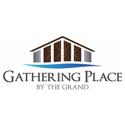 The Gathering Place logo - a building shape with traditional designs in the middle columns and "The Gathering Place by the Grand" written beneath.